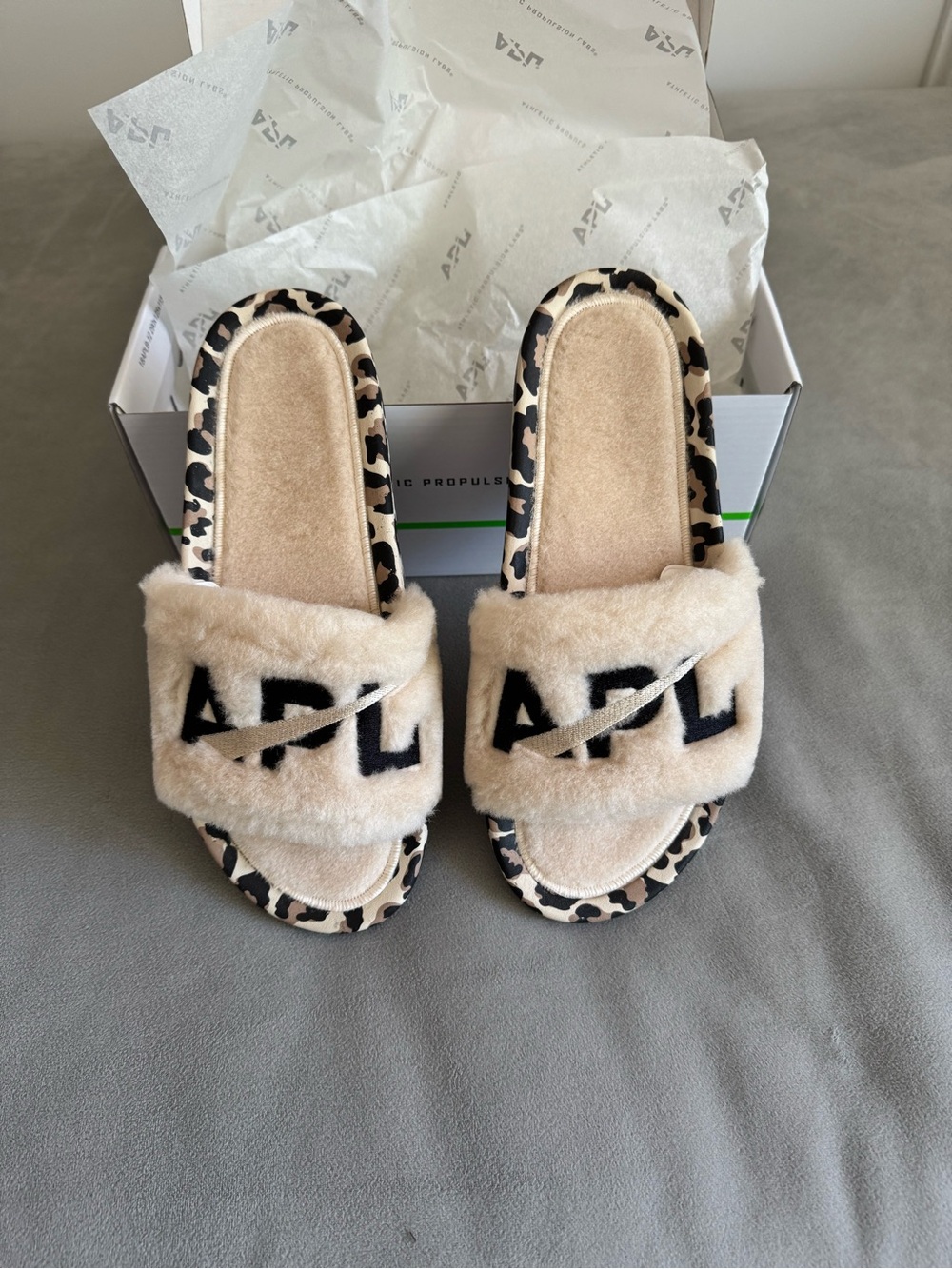 APL Shearling Slide Sandals in Beige with Leopard Trim